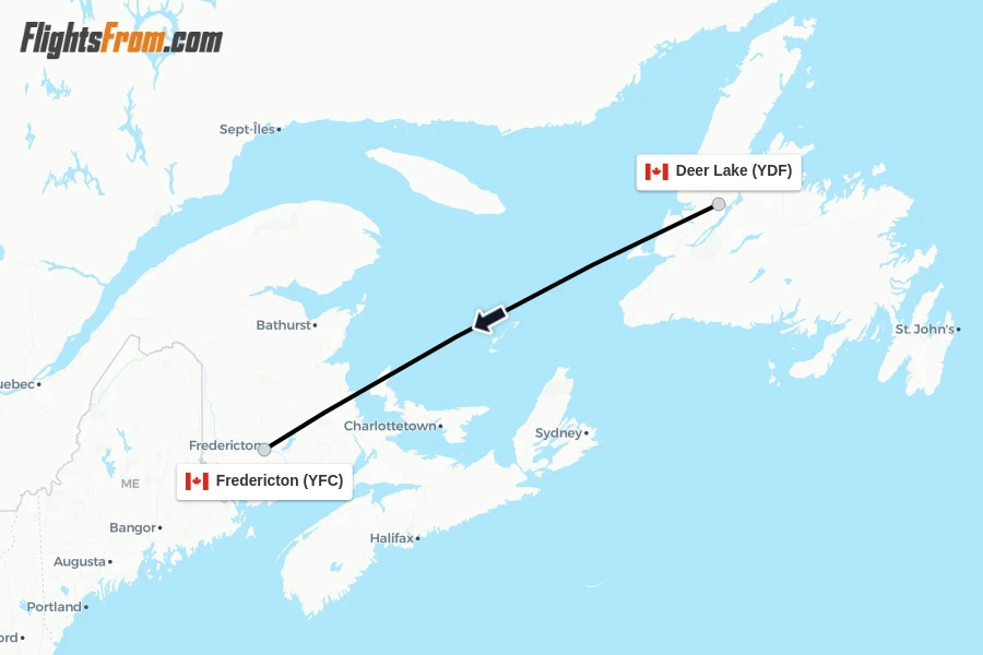 Flights from Deer Lake to Fredericton route map