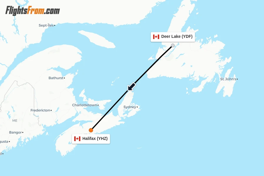 Flights from Deer Lake to Halifax route map