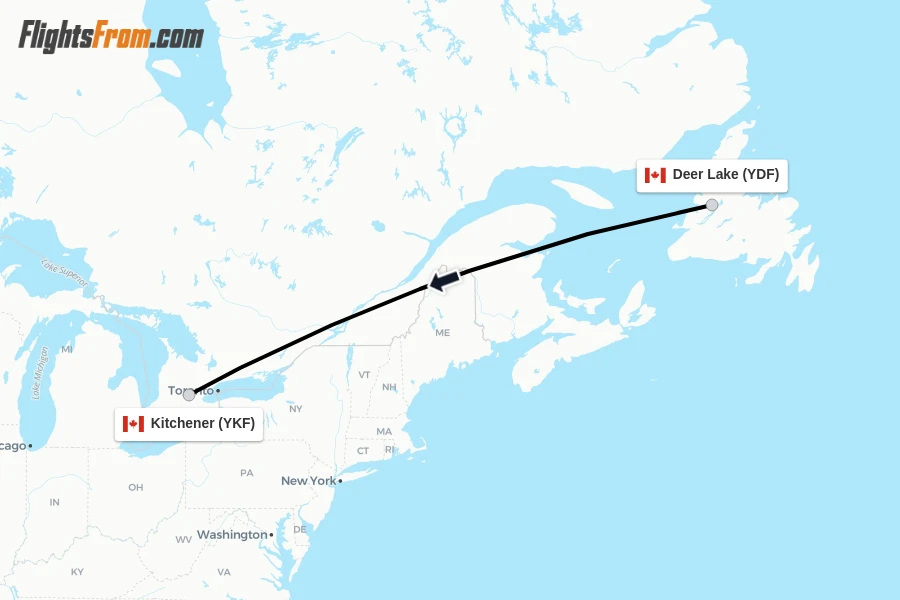 Flights from Deer Lake to Kitchener route map