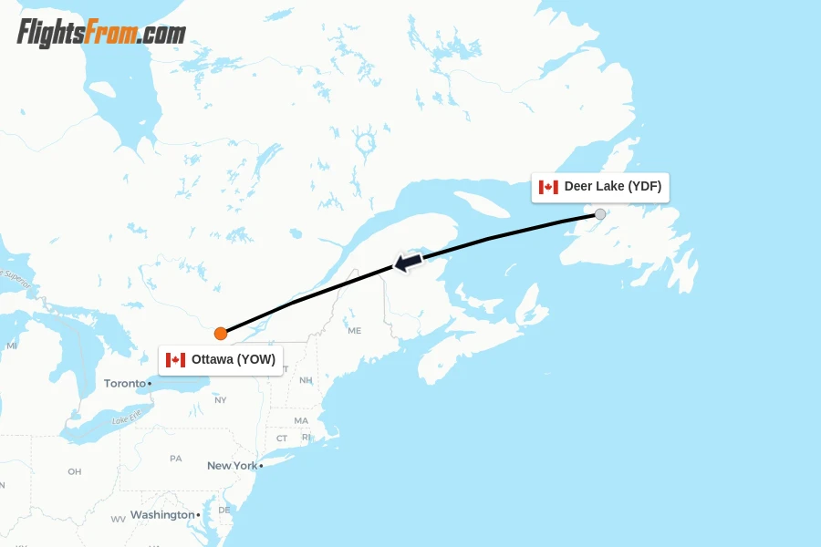 Flights from Deer Lake to Ottawa route map