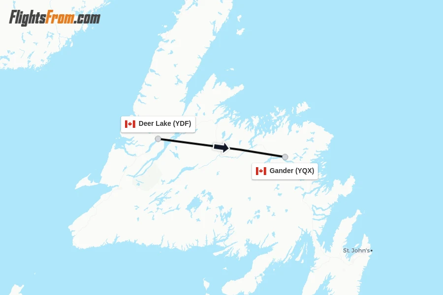 Flights from Deer Lake to Gander route map