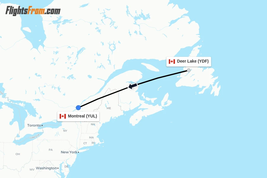 Flights from Deer Lake to Montreal route map