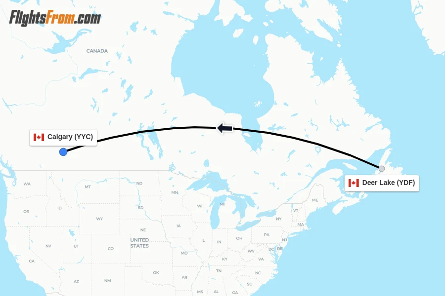 Flights from Deer Lake to Calgary route map