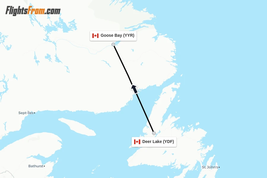 Flights from Deer Lake to Goose Bay route map