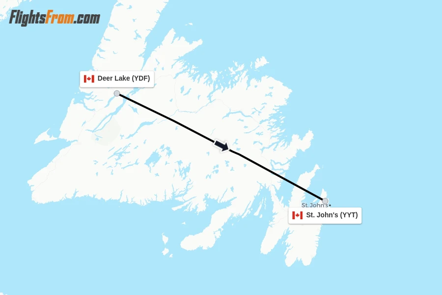 Flights from Deer Lake to St. John's route map