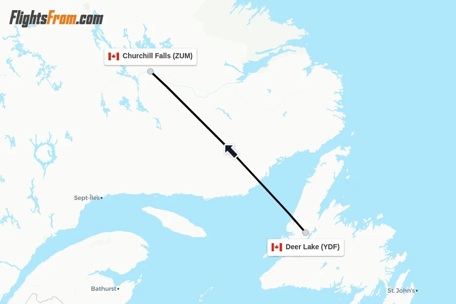 Flights from Deer Lake to Churchill Falls route map