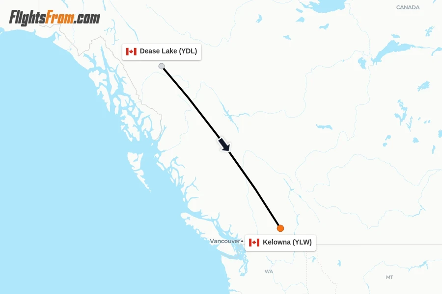 Flights from Dease Lake to Kelowna route map
