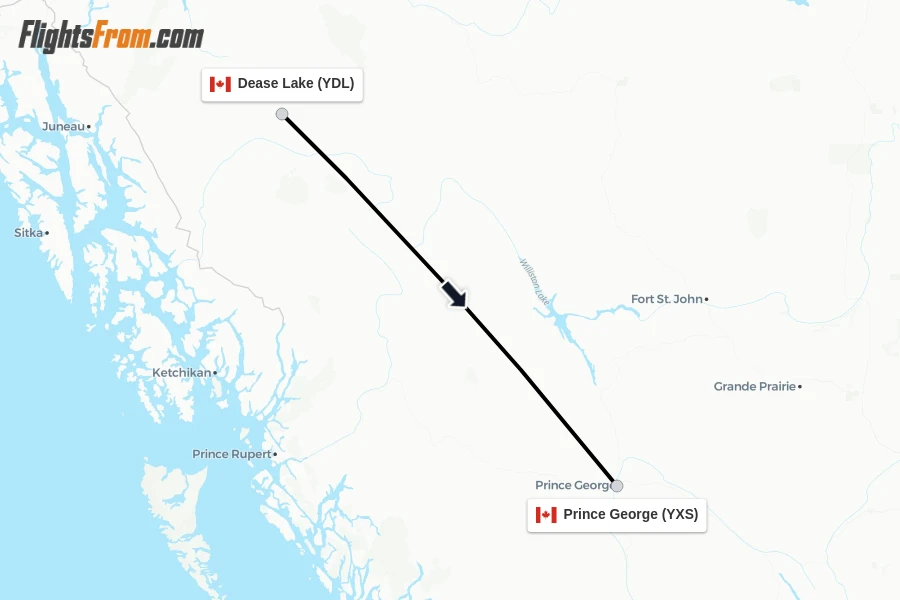 Flights from Dease Lake to Prince George route map