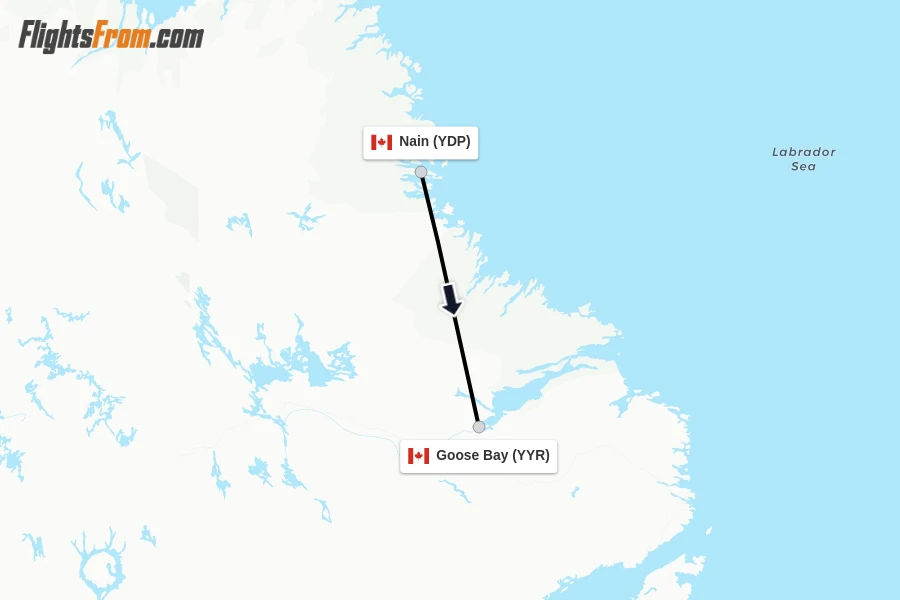 Flights from Nain to Goose Bay route map