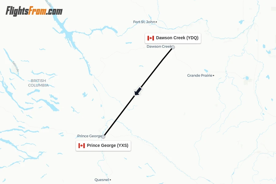 Flights from Dawson Creek to Prince George route map