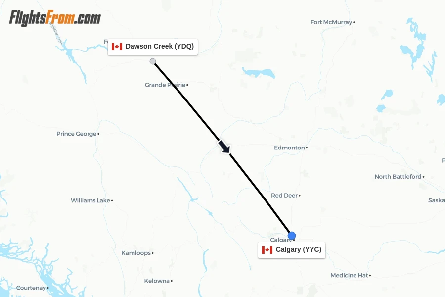 Flights from Dawson Creek to Calgary route map