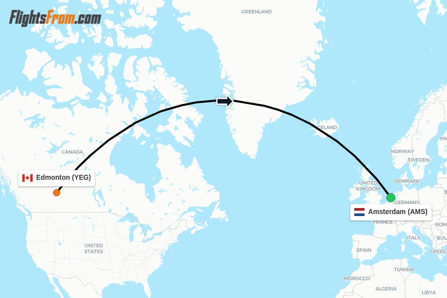 Flights from Edmonton to Amsterdam route map