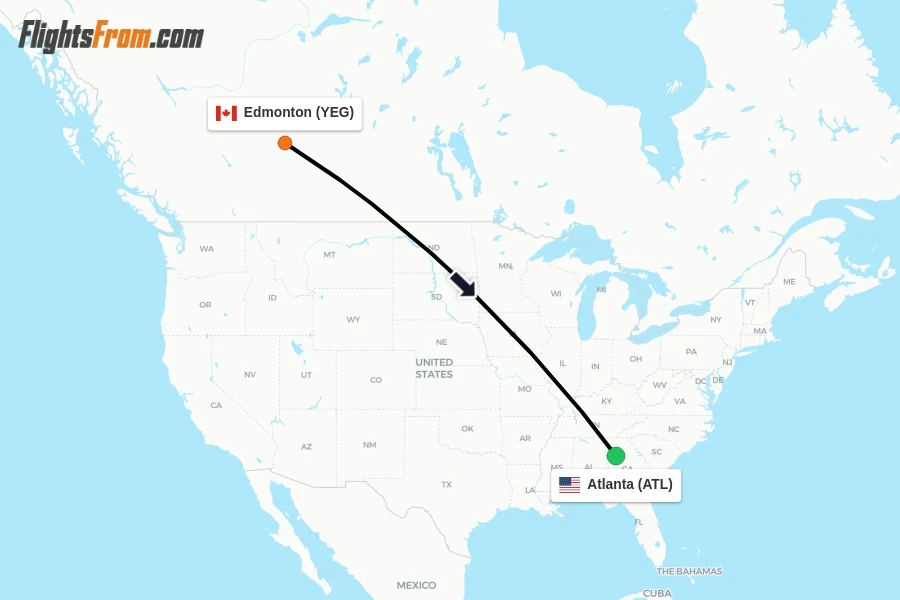 Flights from Edmonton to Atlanta route map