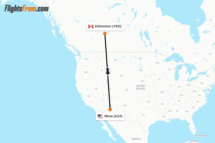 Flights from Edmonton to Mesa route map