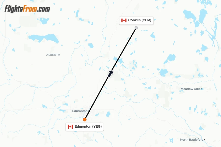Flights from Edmonton to Conklin route map