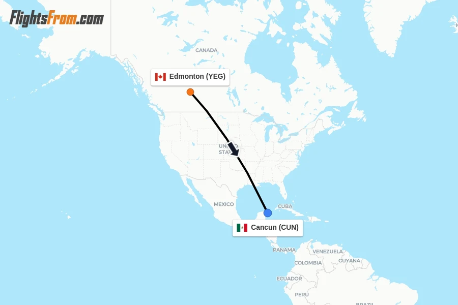 Flights from Edmonton to Cancun route map