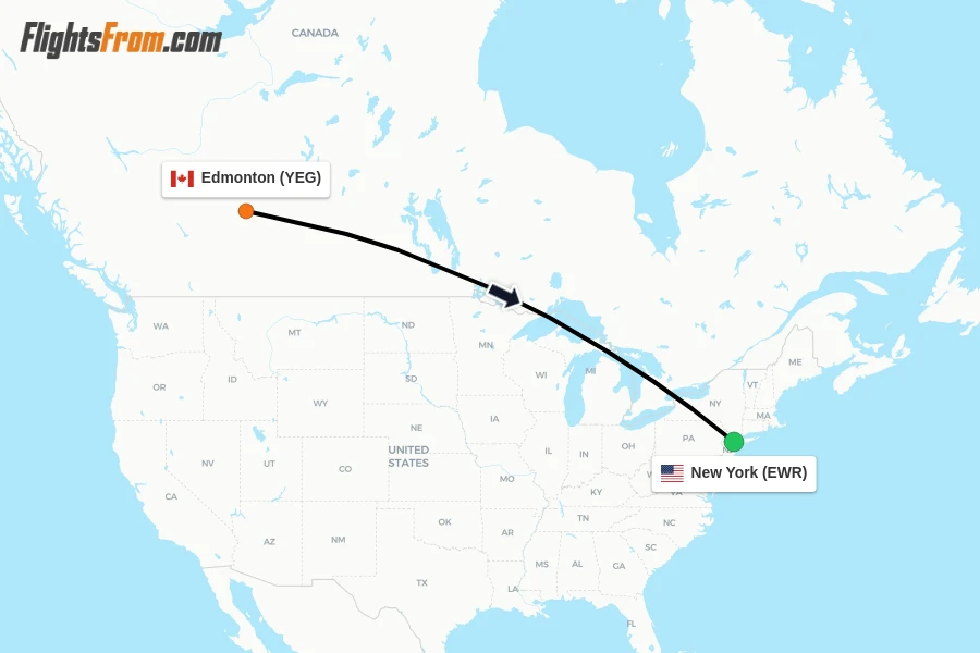 Flights from Edmonton to New York route map