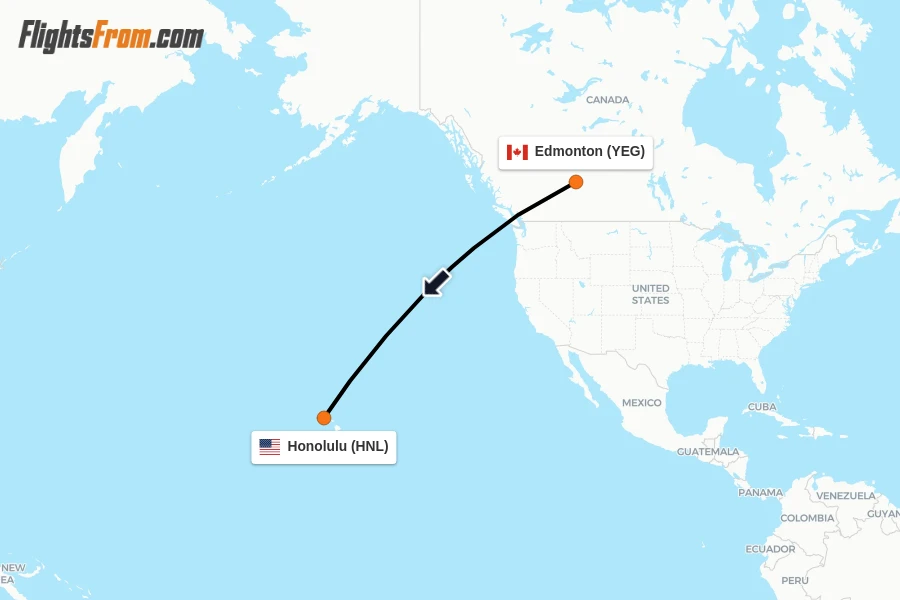 Flights from Edmonton to Honolulu route map
