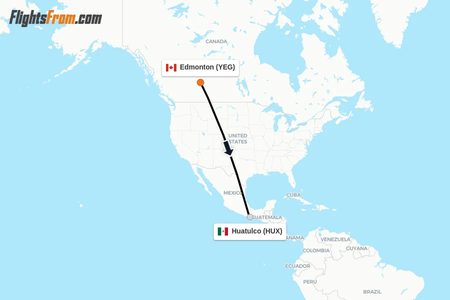 Flights from Edmonton to Huatulco route map