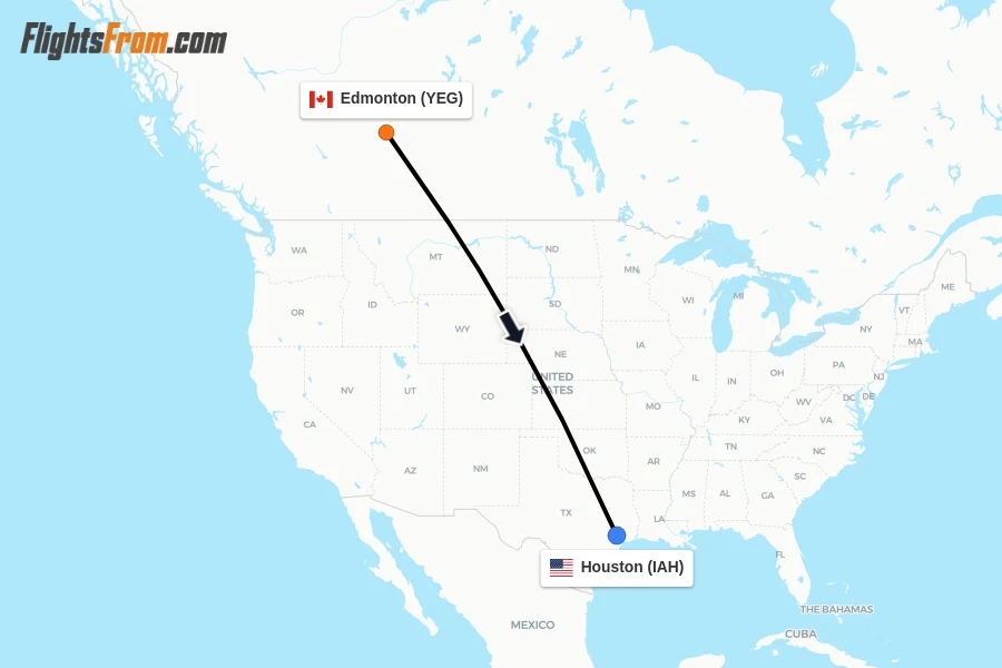 Flights from Edmonton to Houston route map
