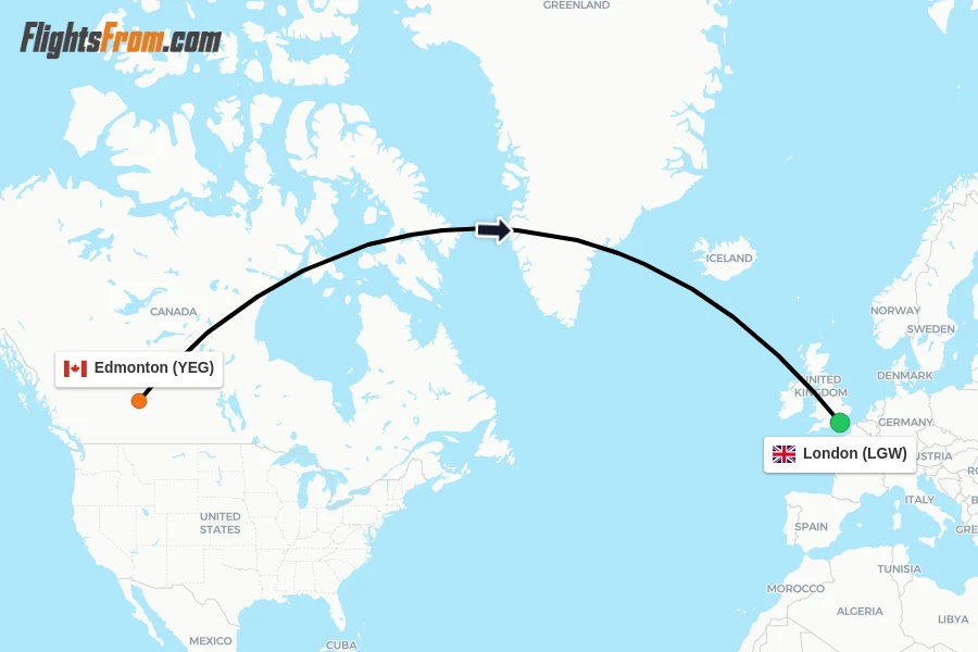 Flights from Edmonton to London route map