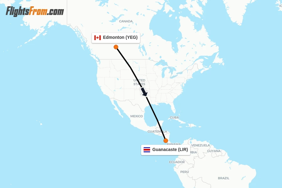 Flights from Edmonton to Guanacaste route map