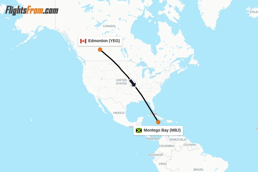 Flights from Edmonton to Montego Bay route map
