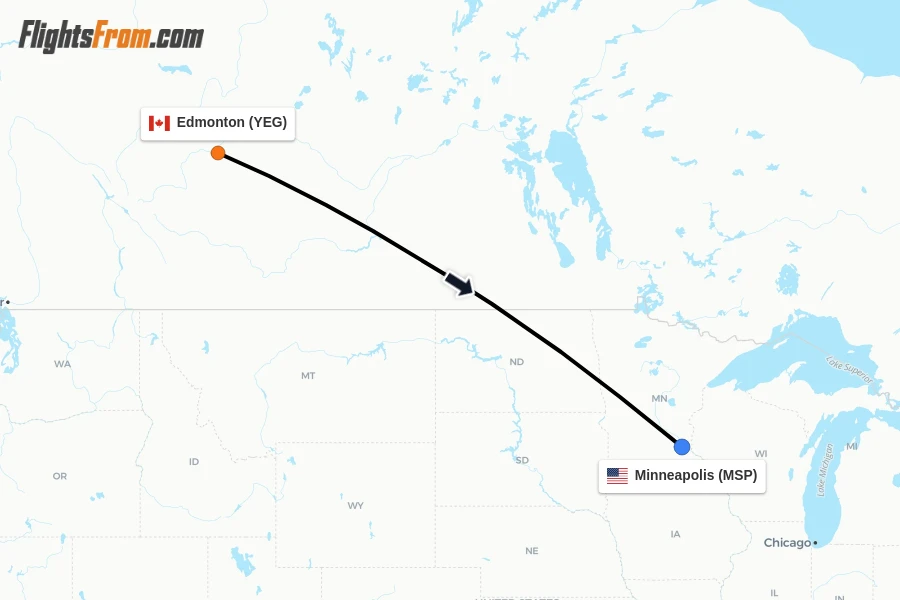 Flights from Edmonton to Minneapolis route map