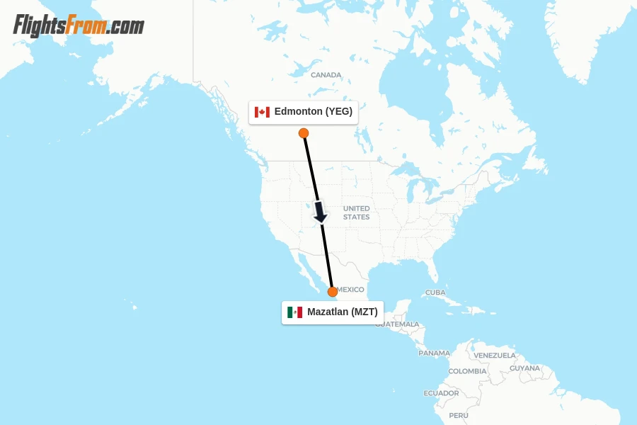 Flights from Edmonton to Mazatlan route map
