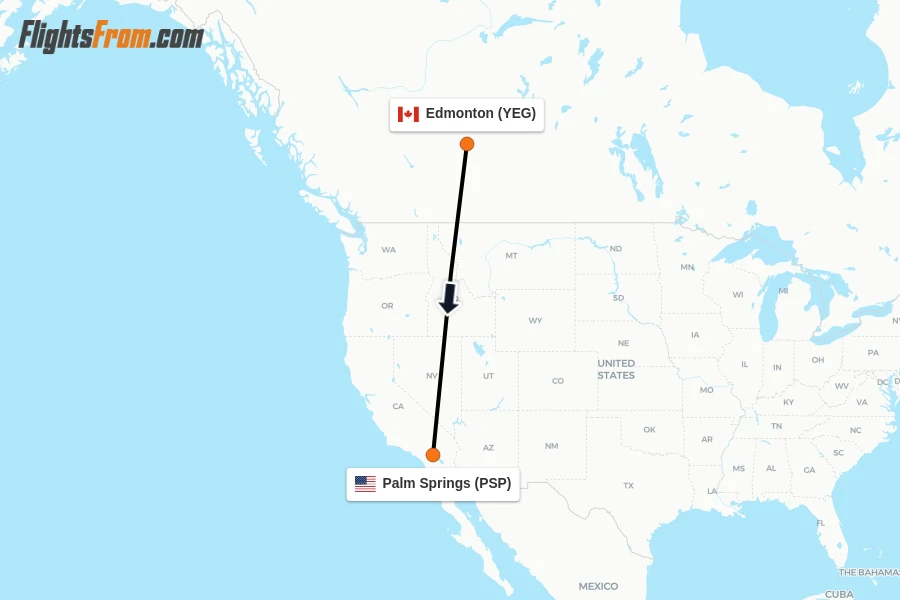Flights from Edmonton to Palm Springs route map