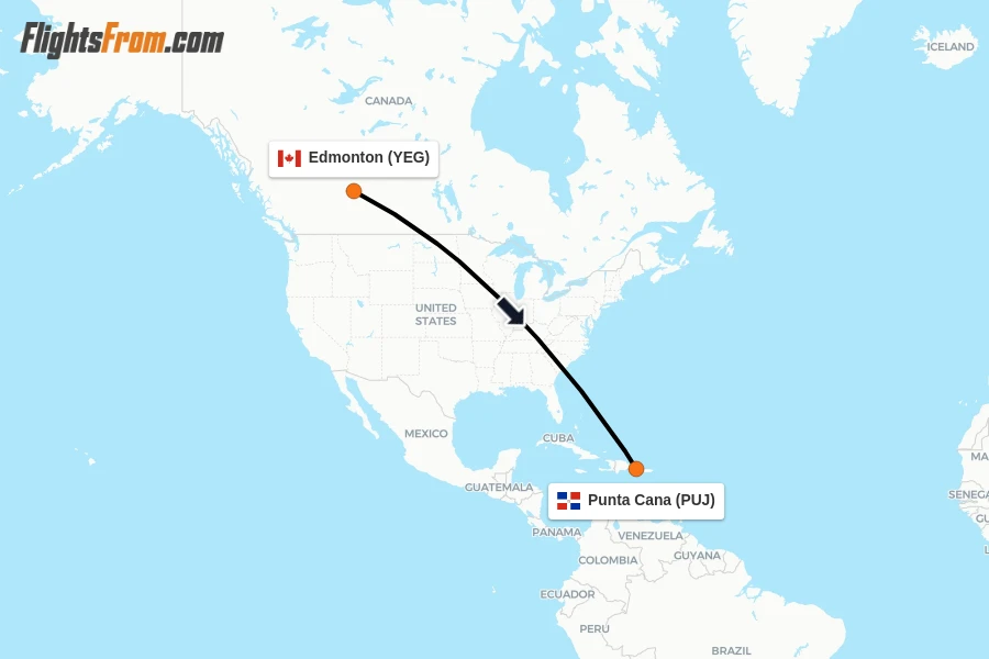 Flights from Edmonton to Punta Cana route map