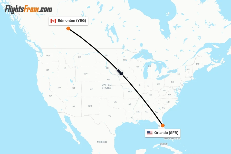 Flights from Edmonton to Orlando route map