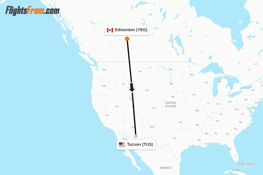 Flights from Edmonton to Tucson route map