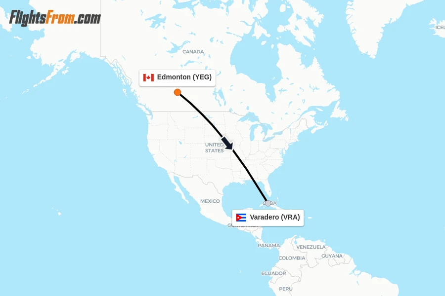 Flights from Edmonton to Varadero route map
