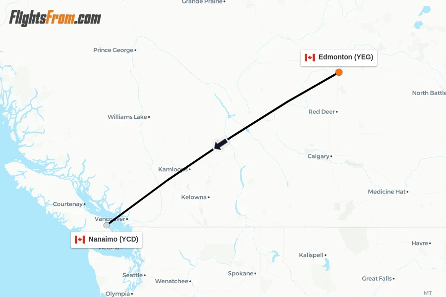 Flights from Edmonton to Nanaimo route map