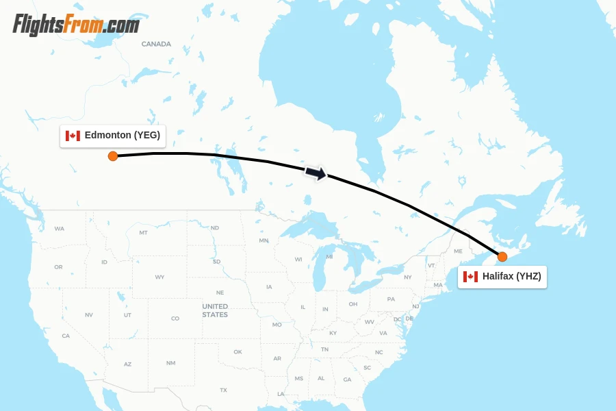 Flights from Edmonton to Halifax route map