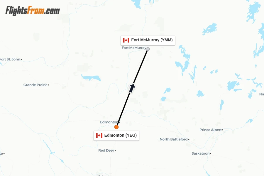 Flights from Edmonton to Fort McMurray route map