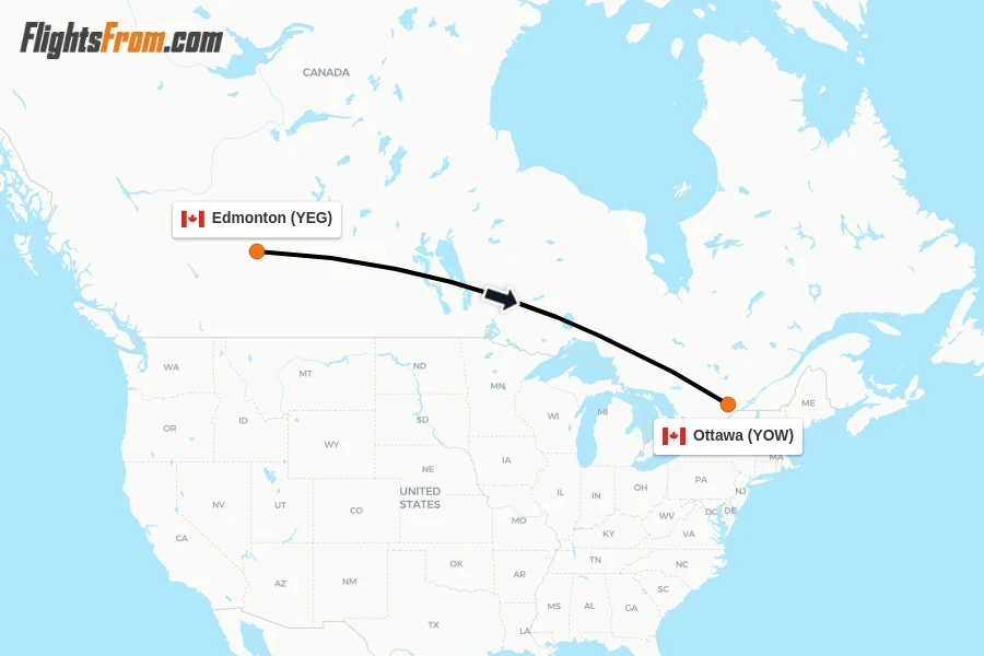Flights from Edmonton to Ottawa route map
