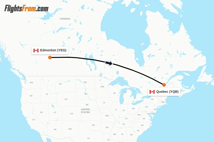 Flights from Edmonton to Quebec route map