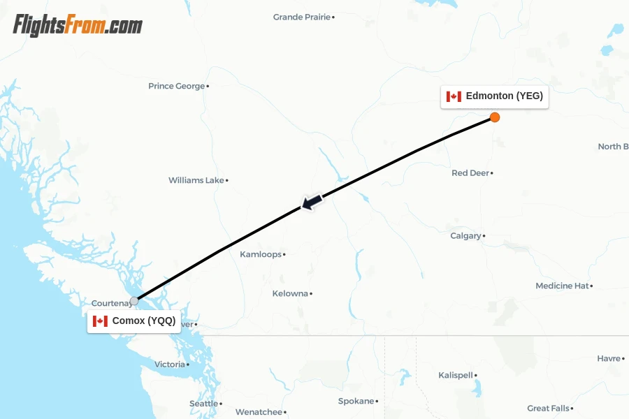 Flights from Edmonton to Comox route map