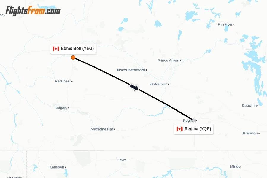 Flights from Edmonton to Regina route map