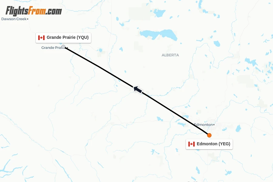 Flights from Edmonton to Grande Prairie route map