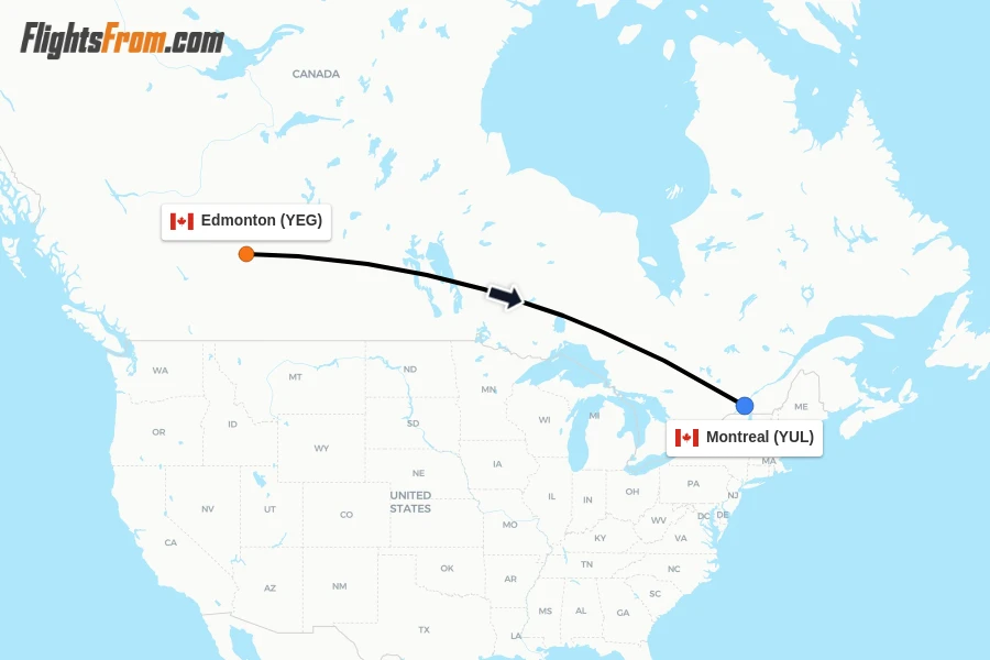 Flights from Edmonton to Montreal route map