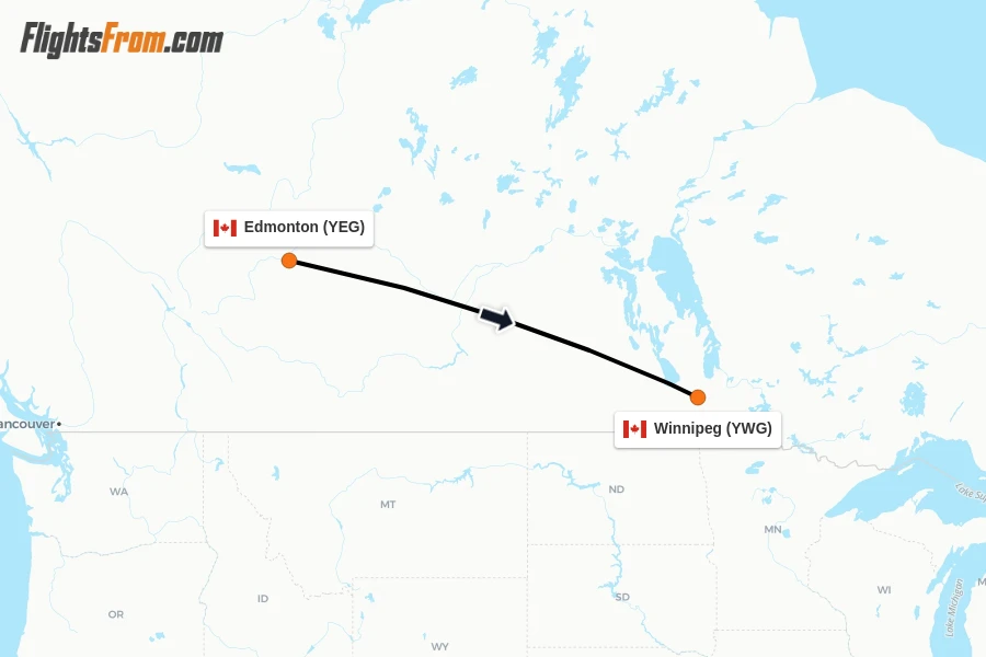 Flights from Edmonton to Winnipeg route map
