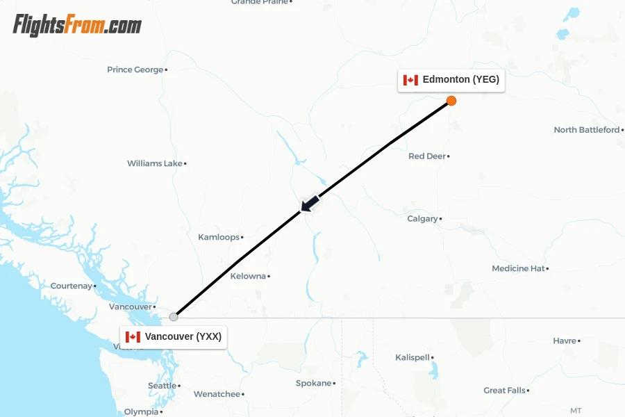 Flights from Edmonton to Vancouver route map