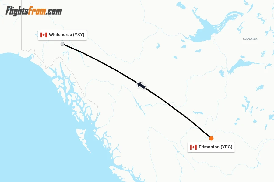 Flights from Edmonton to Whitehorse route map