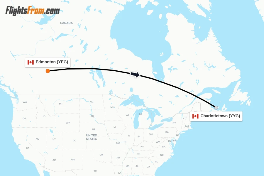 Flights from Edmonton to Charlottetown route map