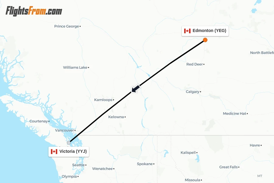 Flights from Edmonton to Victoria route map