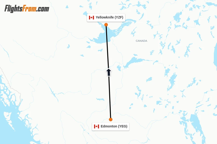 Flights from Edmonton to Yellowknife route map