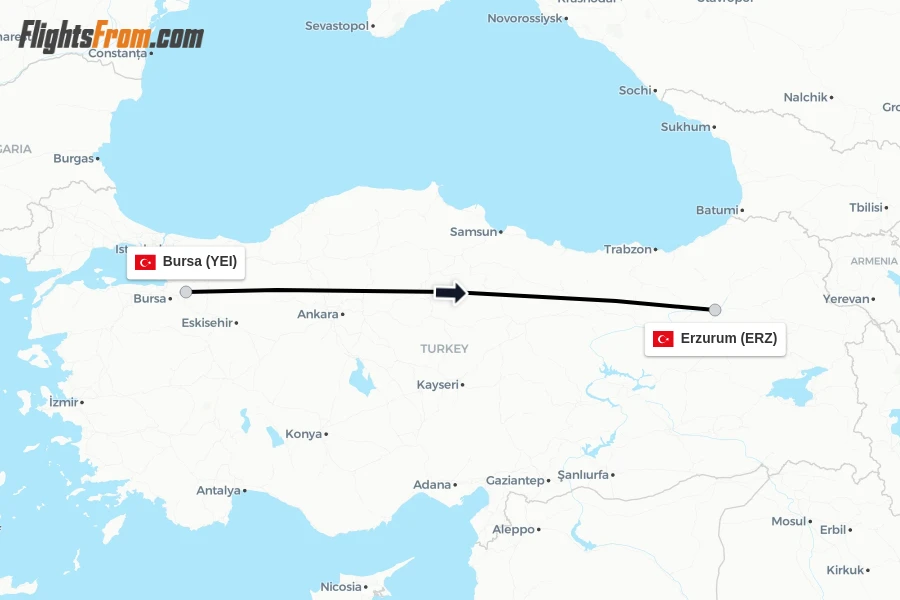Flights from Bursa to Erzurum route map
